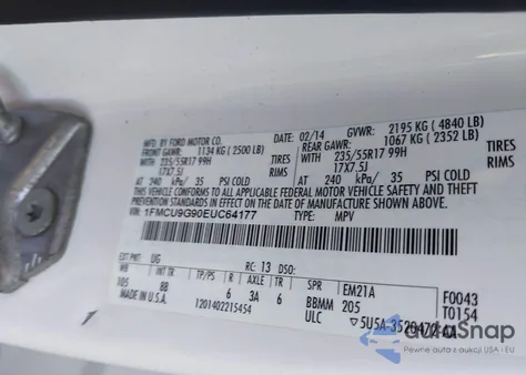 2014 Ford Escape Se из США, поврежденный, VIN 1FMCU9G90EUC64177